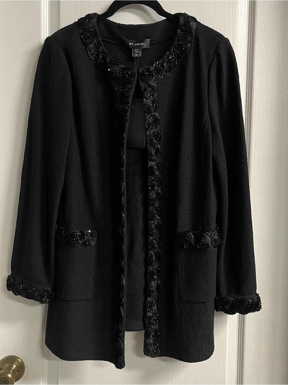 St. John Black Floral-Trim Open Jacket